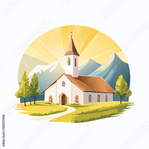 Quaint church illustration with mountain backdrop and radiant sunlight beams