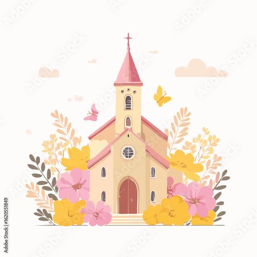 Charming Church Surrounded by Flowers and Butterflies in Springtime.