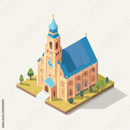 Isometric Illustration of a Church with Tower, Clock, and Trees