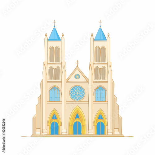 Illustrated church facade with twin towers, blue accents, and arched entrances