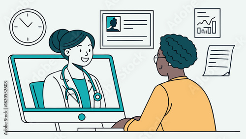 Illustration of a telemedicine consultation with a doctor and patient, showcasing the convenience of online health services and virtual medical support, isolated on white background