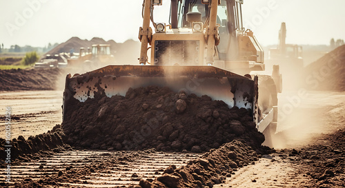 Heavy bulldozer meticulously pushes earth during daytime road construction work with dust effects