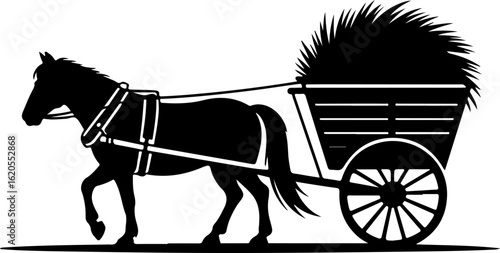 black silhouette vector of a horse pulling a cart filled with hay