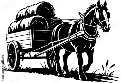 black silhouette vector of a horse pulling a cart filled with hay