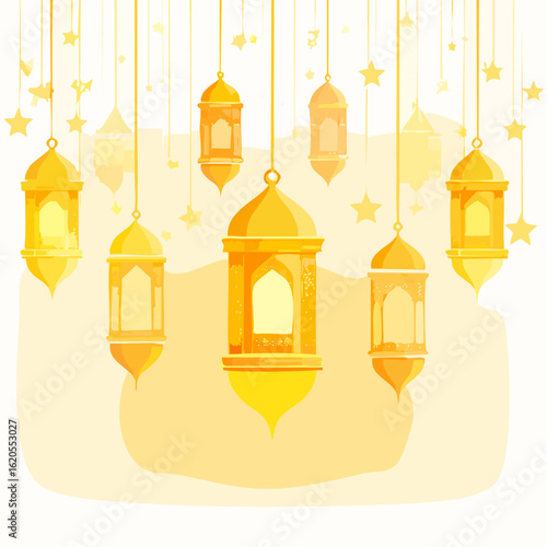 Golden Ramadan Lanterns and Stars: A Festive Illustration for Islamic Celebrations