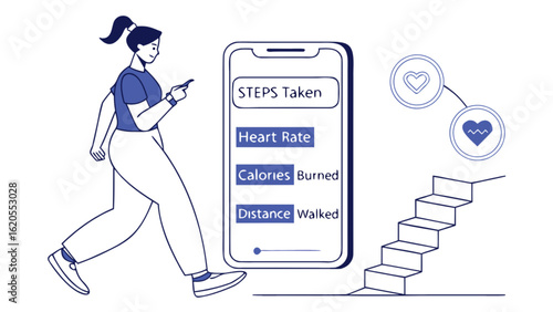 A woman is walking and using a fitness app to track her steps, heart rate, calories burned, and distance walked, with stairs symbolizing progress, isolated on white background