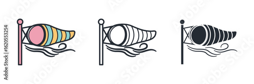 A wind sock blowing in the breeze. Represents wind direction, weather, air movement, and the potential of wind energy.
