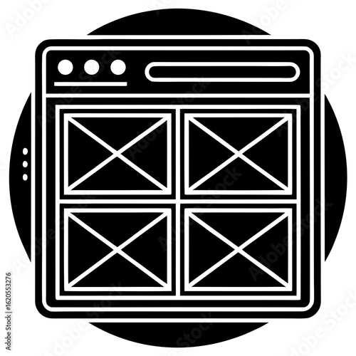 Web page wireframe icon with four content blocks, representing website design and layout, isolated on white background