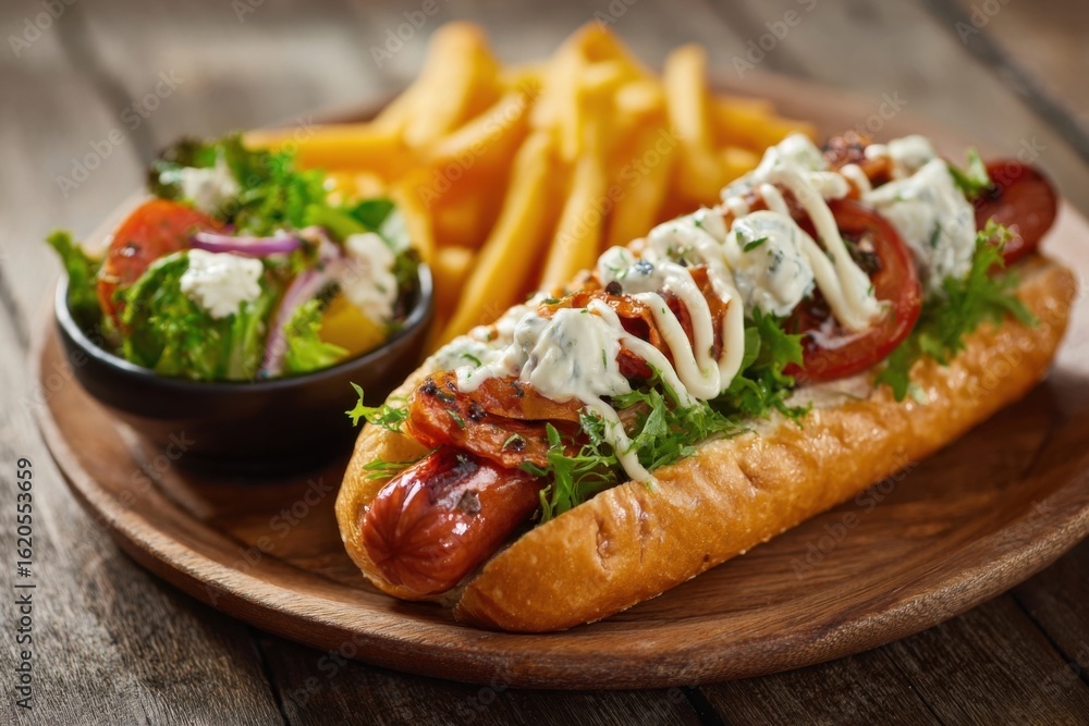 Savoring delicious hot dog with fries and salad cozy restaurant food photography rustic setting close-up view culinary delight Savoring delicious hot dog with fries and salad cozy restaurant food photography rustic setting close-up view culinary delight