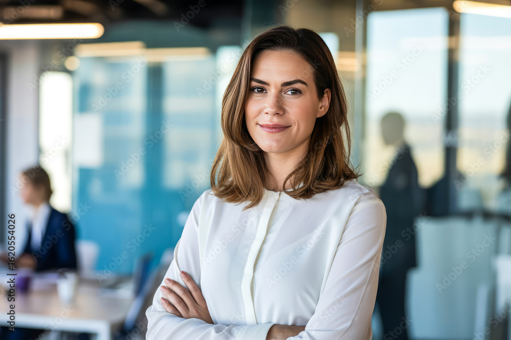 Fototapeta premium Confident woman in white blouse arms crossed