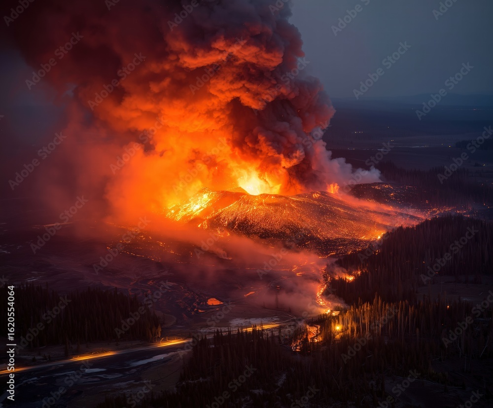 Fototapeta premium Yellowstone Caldera Catastrophic Eruption Simulation, Aerial View of Magma Collapse and Pyroclastic Surge, Geological Disaster Visualization
