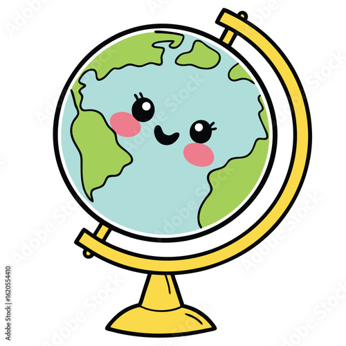 An adorable cartoon globe with blushy cheeks sits cheerfully on its yellow stand