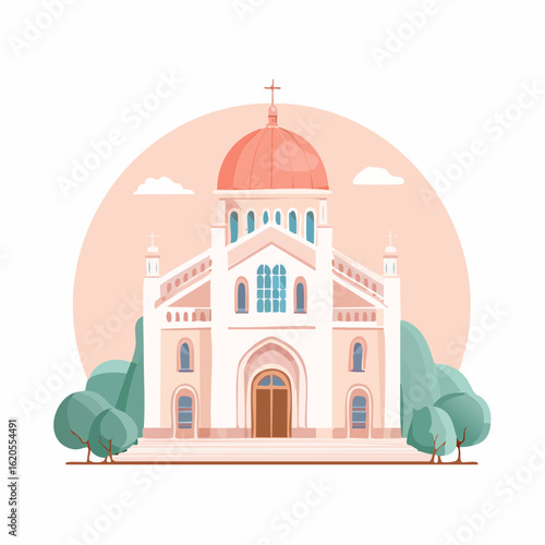 Artistic Illustration of a Beautiful Church with a Red Dome and Cross.