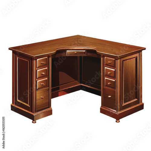 Elegant Wooden Corner Desk with Drawers and Classic Design Details
