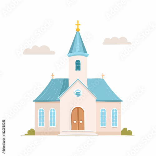 Cartoon Illustration of a Church with a Blue Roof and Gold Cross