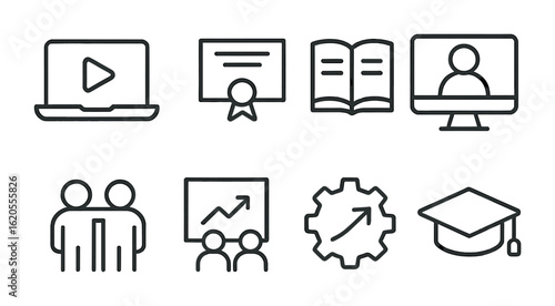 Freelance Skills Icons. Outline icon set of Freelance skills development: online course, certificate, book,