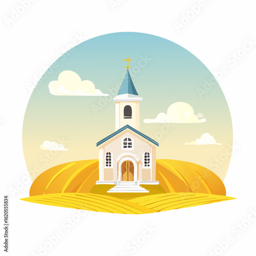 Cartoon Church Building with Cross and Golden Field Illustration