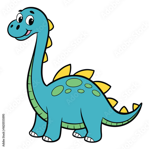 Charming cartoon brontosaurus with green spots and yellow spikes looks cheerful on white