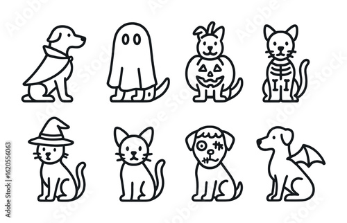 Halloween Pet Costume Icons. Outline icon set of Halloween pet costumes: vampire cape, ghost sheet, pumpkin