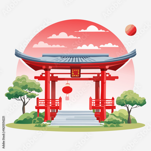Red Torii Gate with Hanging Lantern, Stone Steps, and Lush Greenery
