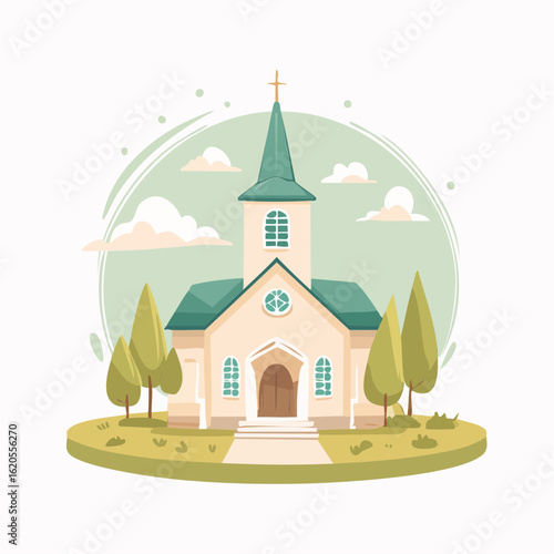Charming Cartoon Church with Green Roof and Surrounding Trees
