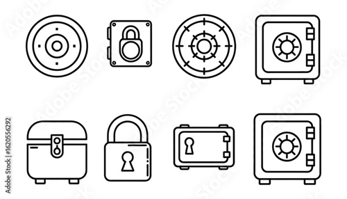Illustration of various security and safety measures, including safes, locks, and treasure chests, isolated on white background