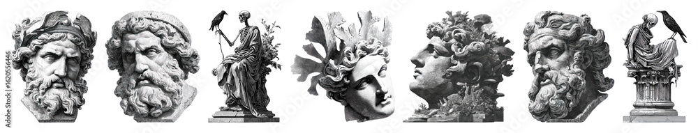Naklejka premium PNG Classical sculpture heads collection, element set on transparent background