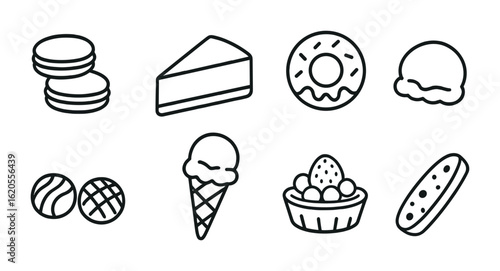 Sweet Treats Icons. Outline icon set of sweet treats assortment: macarons, cheesecake slice, donut, pie,