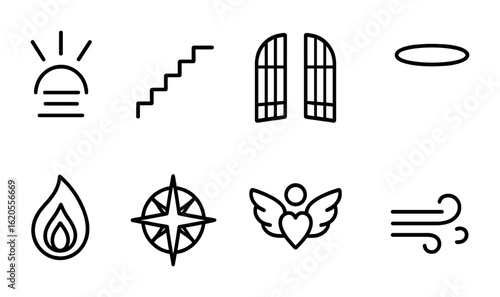 Divine Icons Outlined. Outline icon set of divine ascent: light beam, sacred stair, heavenly gate, halo ring,