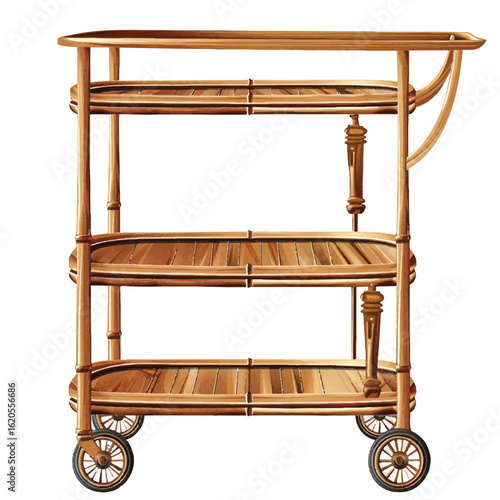 Elegant Wooden Serving Cart with Three Shelves and Decorative Details