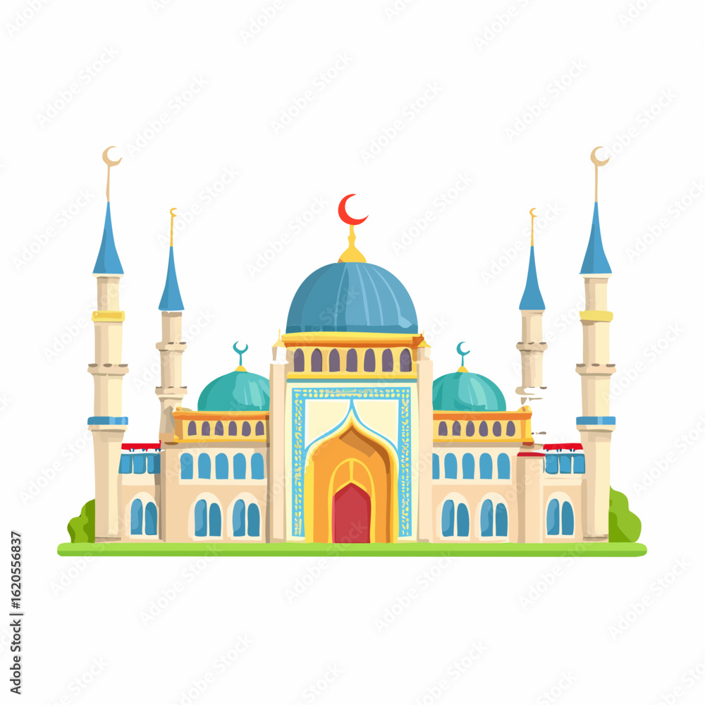 Fototapeta premium Cartoon Illustration of a Mosque with Minarets and Domes