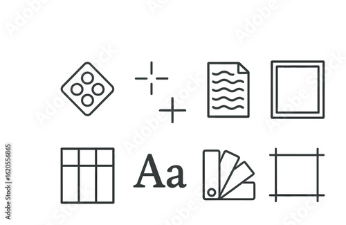 Print Design Icons. Outline icon set of print design elements: CMYK palette, crop marks, bleed area, paper