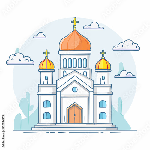 Stylized Orthodox Church Illustration with Orange Dome and Crosses