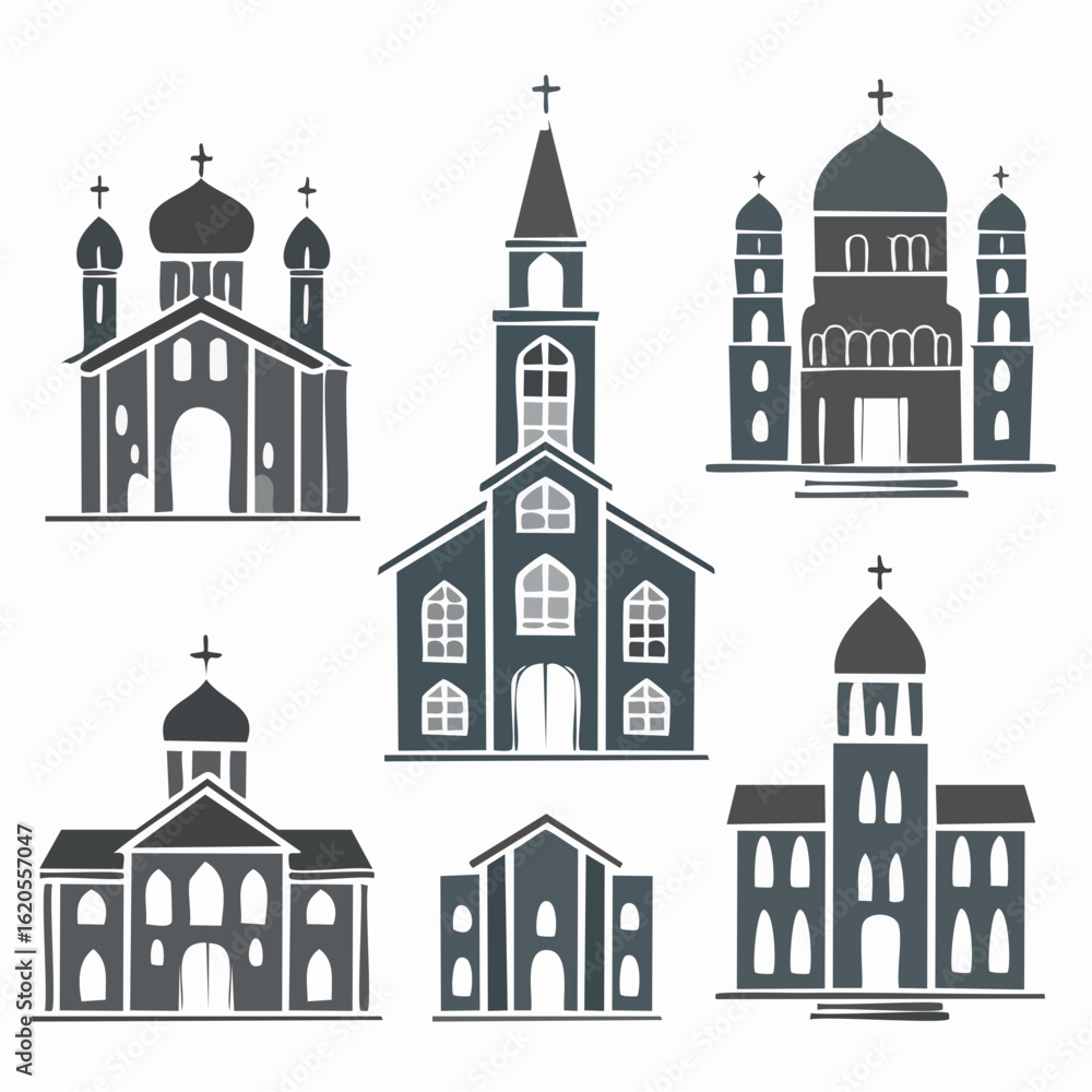 Stylized Church Buildings: A Collection of Religious Architecture Silhouettes with Crosses Stylized Church Buildings: A Collection of Religious Architecture Silhouettes with Crosses