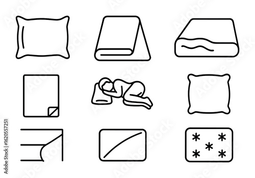 Sleep Essentials Icons. Outline icon set of sleep essentials: pillowcase, duvet, foam core, linen sheet, sleep