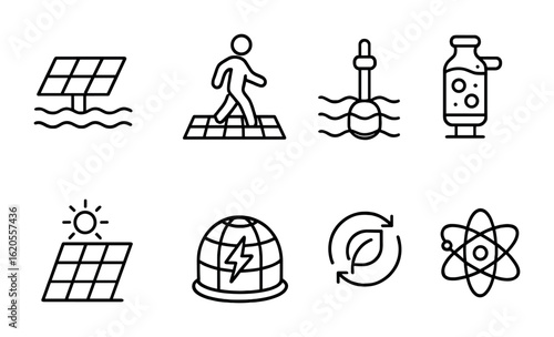 Future Energy Icons. Outline icon set of future energy concepts: floating solar, kinetic walkway, wave energy