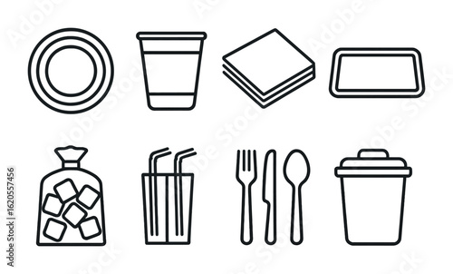 Barbecue Supplies Icons. Outline icon set of barbecue party supplies: paper plate, plastic cup, napkin stack,