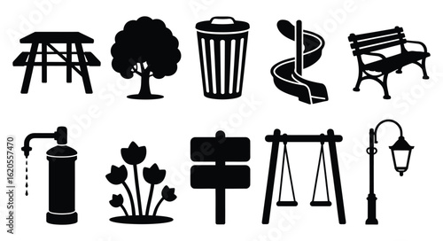 Vector art of diverse park icons isolated on white background, showcasing picnic tables, trees, trash cans, slides, benches, water pumps, flowers, signs, swings, and lamps for comprehensive outdoor sp
