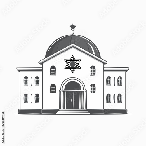 Detailed Illustration of a Synagogue with Star of David and Dome.