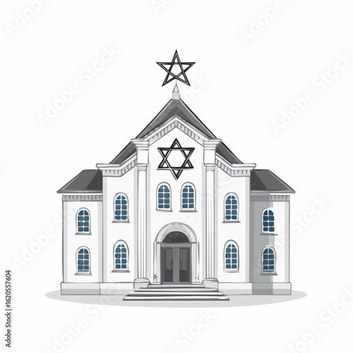 Illustrated Synagogue with Star of David and Arched Windows