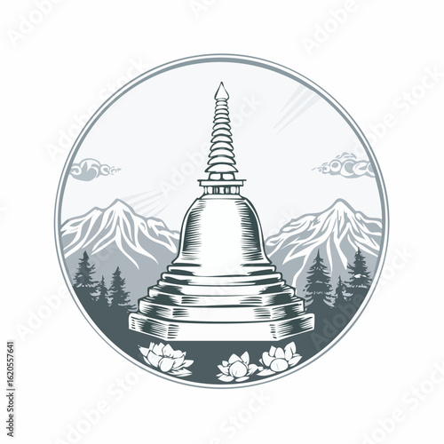 Stupa with Mountains, Trees, and Lotus Flowers in a Circular Frame