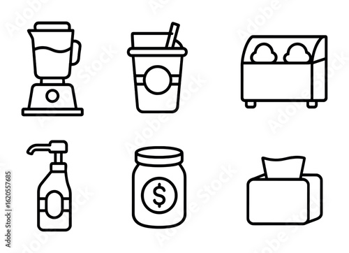 Milkshake Shop Icons. Outline icon set of milkshake shop items: counter blender, menu board, takeout cup, ice