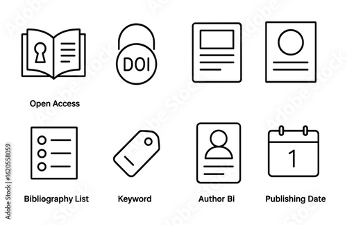 Scientific Icons Line Art. Outline icon set of scientific publications: open access, DOI icon, article layout,