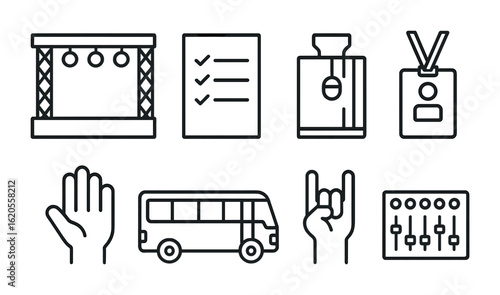 Concert Essentials Icons. Outline icon set of live concert essentials: concert stage, setlist, vocal booth,