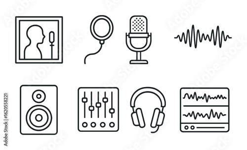 Recording Studio Icons. Outline icon set of recording studio sessions: vocal booth, pop filter, condenser mic,