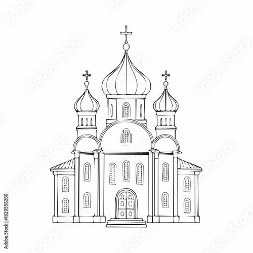Detailed Black and White Illustration of an Orthodox Church Building