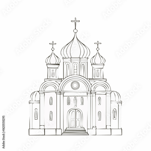 Detailed Black and White Architectural Illustration of an Orthodox Church.