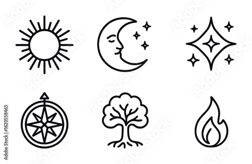 Mythical Line Icons. Outline icon set of myth and cosmology: sun symbol, moon tale, creation myth, star