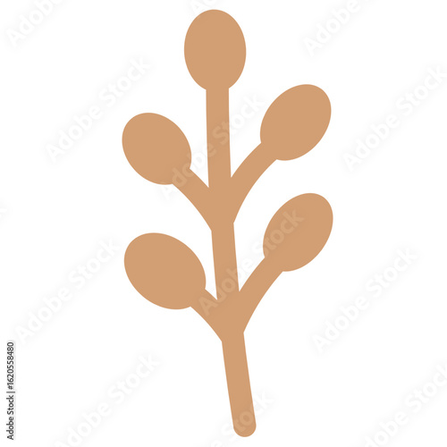Tiny beige branch with oval pods, ideal as accent detail in decorative seasonal designs.