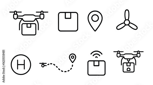 Drone Delivery Icons. Outline icon set of drone deliveries: delivery drone, package box, GPS tracker,